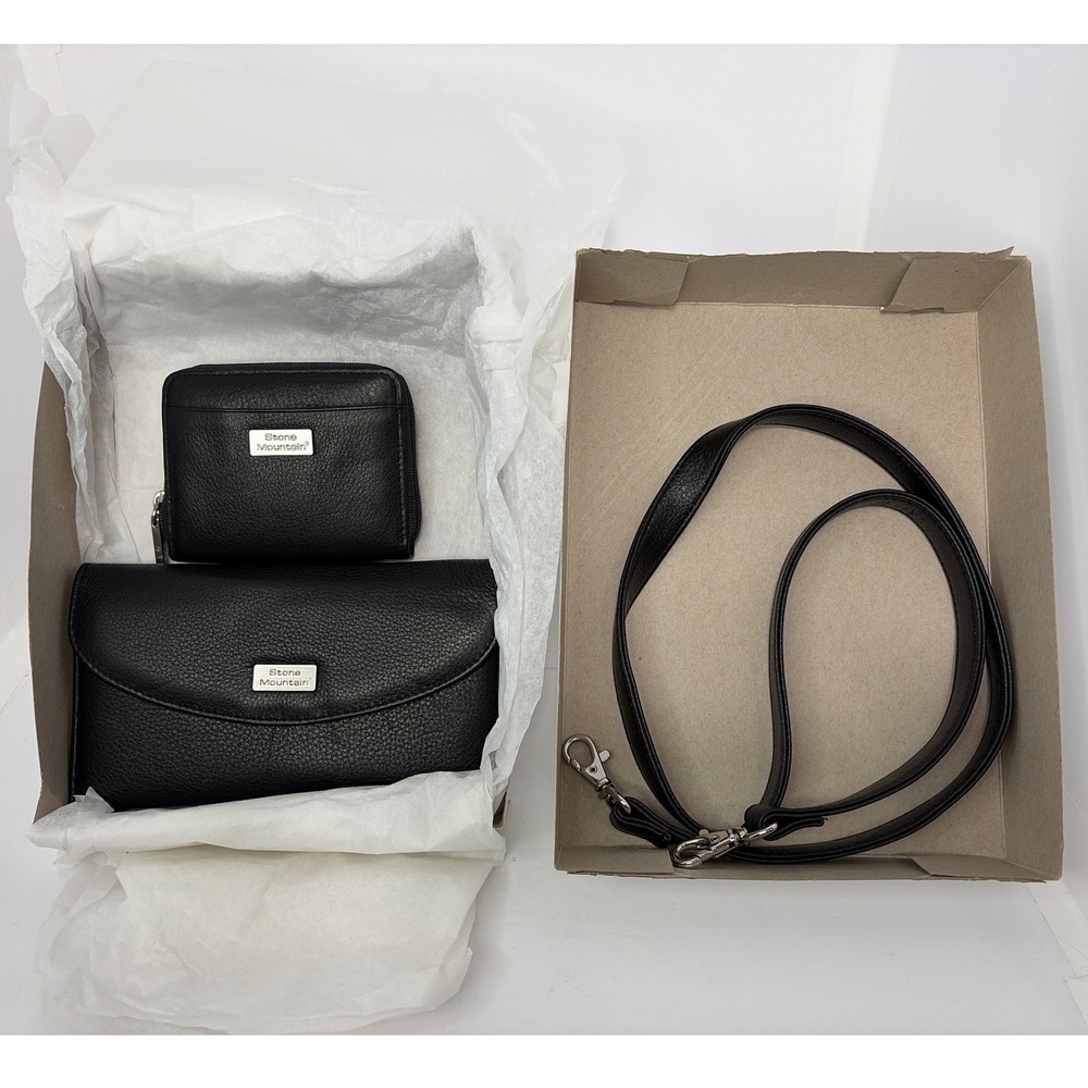 Stone Mountain Black Pebbled Leather Trifold Wallet and Coin Purse Set w/ Strap